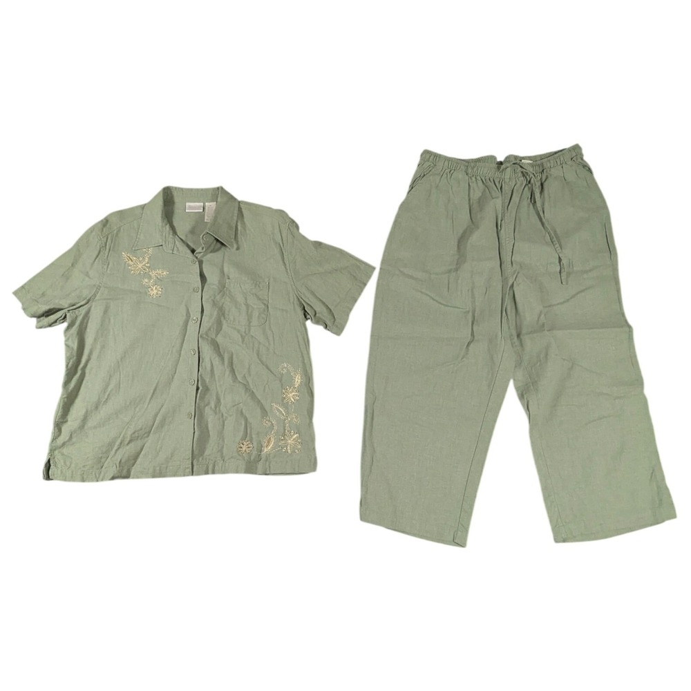 Erika Womens XL Sage Green Linen Blend Floral Embroidered Shirt & Pants Set